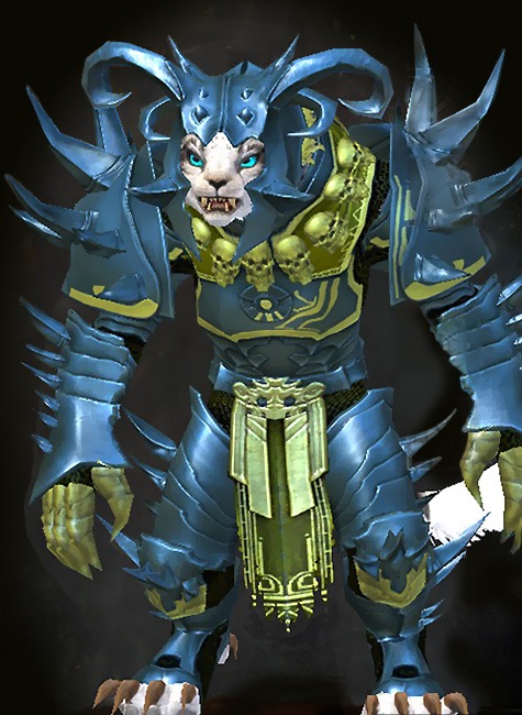 Guild Wars 2 Charr Heavy Female Karma Armor Set - Dyed Green & Blue - Armageddon