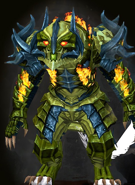 Guild Wars 2 Charr Heavy Female Dungeon Armor Set - Dyed Green & Blue - Flame Legion