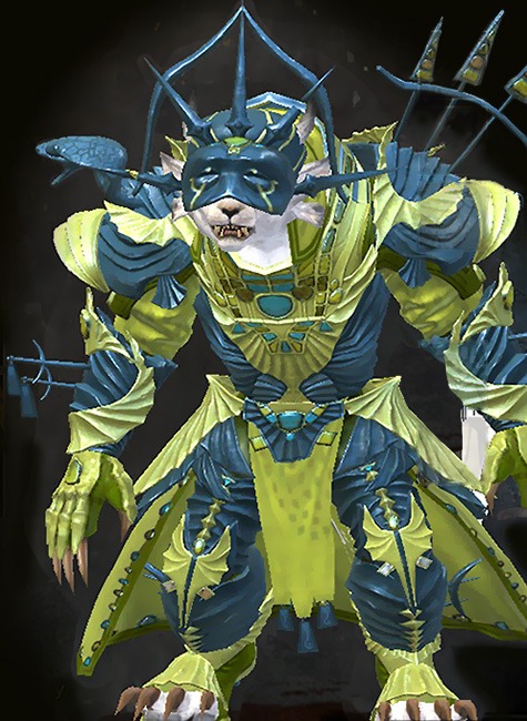 Guild Wars 2 Charr Heavy Female Path of Fire Armor Set - Dyed Green & Blue - Funerary