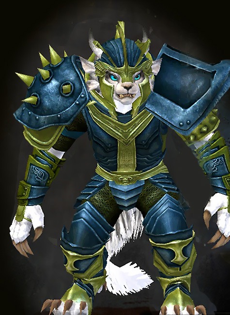 Guild Wars 2 Charr Heavy Female Hall of Monuments Armor Set - Dyed Green & Blue - Heritage