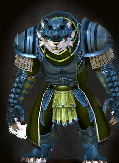 Guild Wars 2 Charr Heavy Female Dungeon Armor Set - Dyed Green & Blue - Armor of Koda