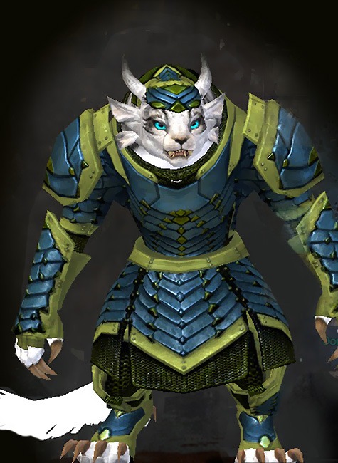 Guild Wars 2 Charr Heavy Female Armor Set - Dyed Green & Blue - Reinforced Scale