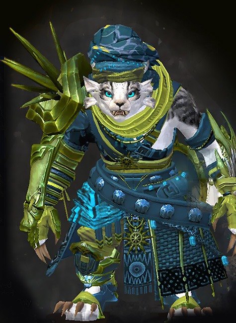 Guild Wars 2 Charr Heavy Female Path of Fire Armor Set - Dyed Green & Blue - Spearmarshal's