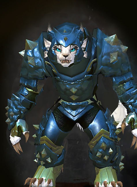 Guild Wars 2 Charr Heavy Female Karma Armor Set - Dyed Green & Blue - Studded Plate
