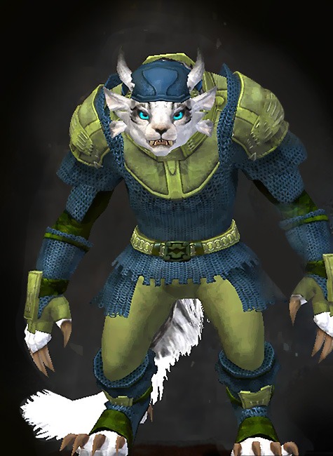 Guild Wars 2 Charr Heavy Female Armor Set - Dyed Green & Blue - Worn Chain