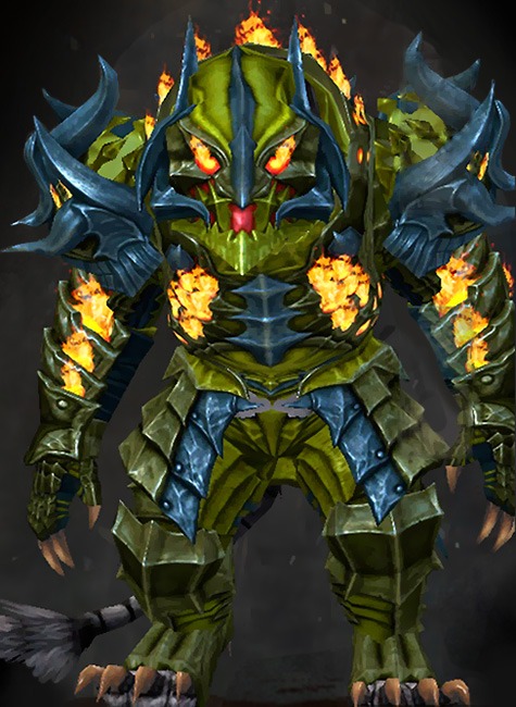 Guild Wars 2 Charr Heavy Male Dungeon Armor Set - Dyed Green & Blue - Flame Legion