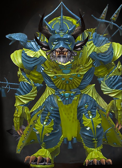 Guild Wars 2 Charr Heavy Male Path of Fire Armor Set - Dyed Green & Blue - Funerary