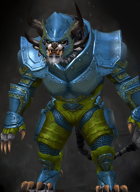 Guild Wars 2 Charr Heavy Male Karma Armor Set - Dyed Green & Blue - Heavy Plate