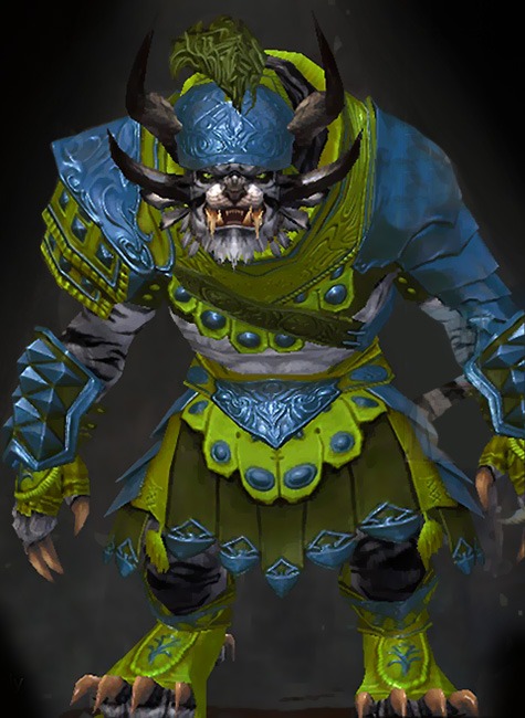 Guild Wars 2 Charr Heavy Male Karma Armor Set - Dyed Green & Blue - Pit Fighter