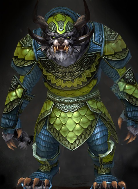Guild Wars 2 Charr Heavy Male Crafted Armor Set - Dyed Green & Blue - Tempered Scale