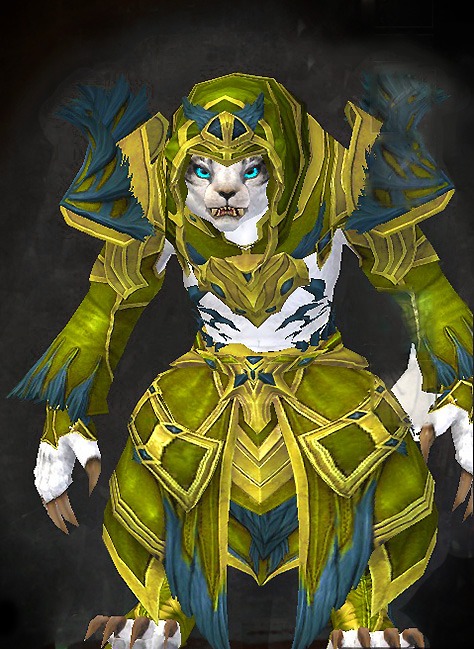 Female Crafted - Feathered Guild Wars 2 Charr Light Female Crafted Armor Set - Dyed Green & Blue - Feathered