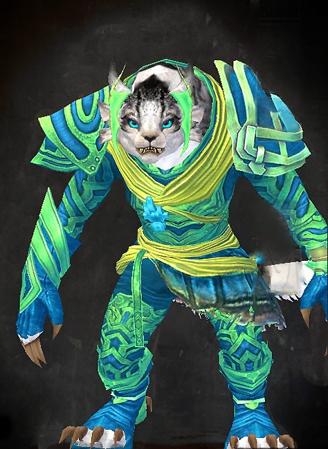 Female Living Story - Luminescent Guild Wars 2 Charr Light Female Living Story Armor Set - Dyed Green & Blue - Luminescent