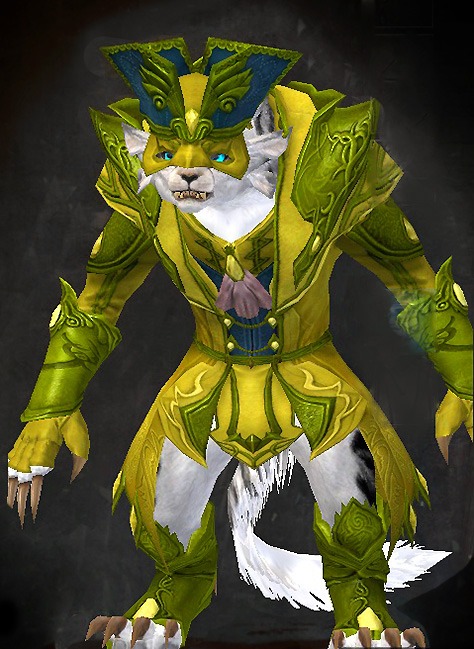 Female Crafted - Masquerade Guild Wars 2 Charr Light Female Crafted Armor Set - Dyed Green & Blue - Masquerade