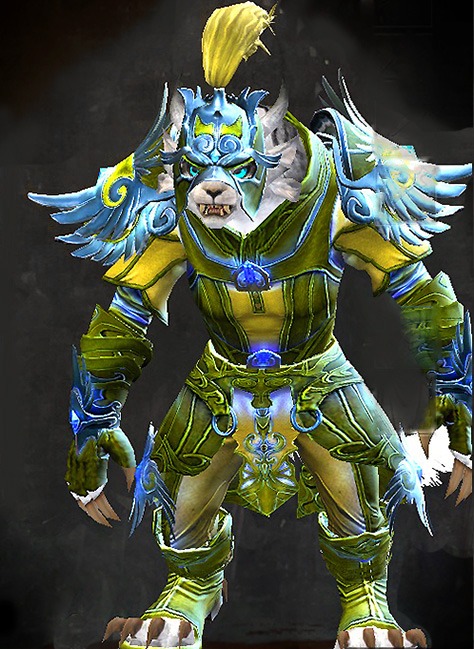 Female WvW - Mistforged Triumphant Hero's Guild Wars 2 Charr Light Female WvW Armor Set - Dyed Green & Blue - Mistforged Triumphant Hero's