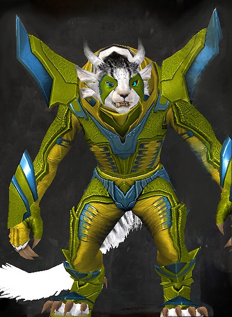 Female Gem Store - Profane Guild Wars 2 Charr Light Female Gem Armor Set - Dyed Green & Blue - Profane