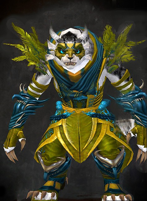 Female Gem Store - Trickster's Guild Wars 2 Charr Light Female Gem Armor Set - Dyed Green & Blue - Trickster's