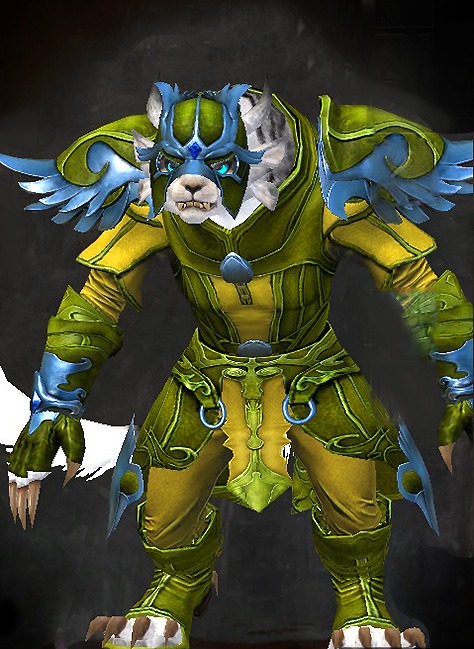 Female WvW - Triumphant Guild Wars 2 Charr Light Female WvW Armor Set - Dyed Green & Blue - Triumphant