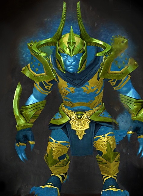 Female Gem Store - Zodiac Guild Wars 2 Charr Light Female Gem Armor Set - Dyed Green & Blue - Zodiac