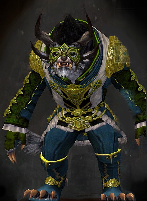 Male Karma Temple - Aurora Guild Wars 2 Charr Light Male Karma Armor Set - Dyed Green & Blue - Aurora