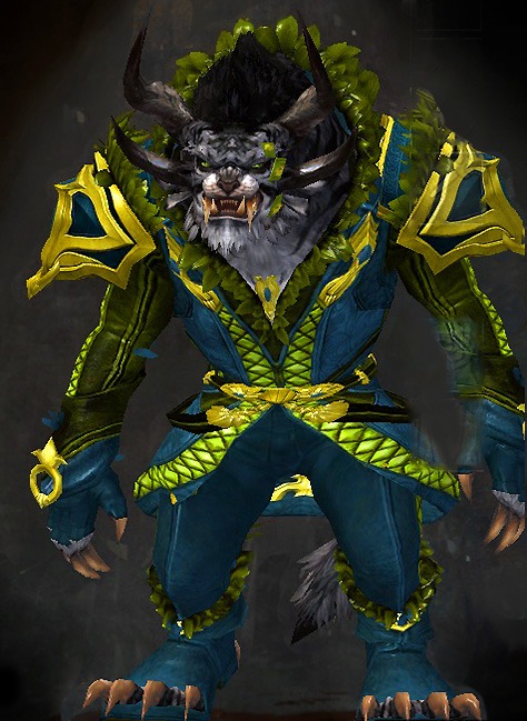 Male Crafted - Exalted Guild Wars 2 Charr Light Male Crafted Armor Set - Dyed Green & Blue - Exalted
