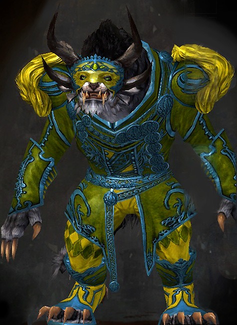 Male Crafted - Illustrious Guild Wars 2 Charr Light Male Crafted Armor Set - Dyed Green & Blue - Illustrious