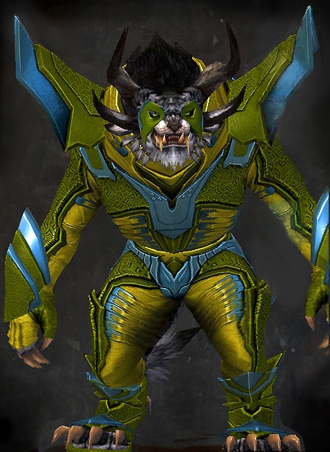 Male Gem Store - Profane Guild Wars 2 Charr Light Male Gem Armor Set - Dyed Green & Blue - Profane