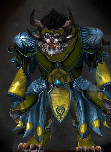 Male Karma - Stately Guild Wars 2 Charr Light Male Karma Armor Set - Dyed Green & Blue - Stately