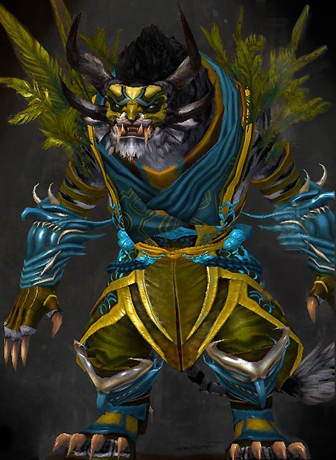 Male Gem Store - Trickster's Guild Wars 2 Charr Light Male Gem Armor Set - Dyed Green & Blue - Trickster's