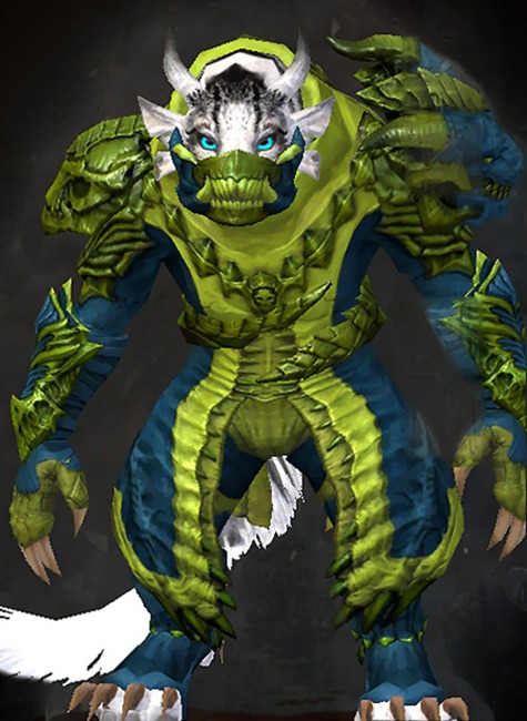 Female Dungeon The Ruined City of Arah - Armor of the Accursed Guild Wars 2 Charr Medium Female Dungeon Armor Set - Dyed Green & Blue - Armor of the Accursed