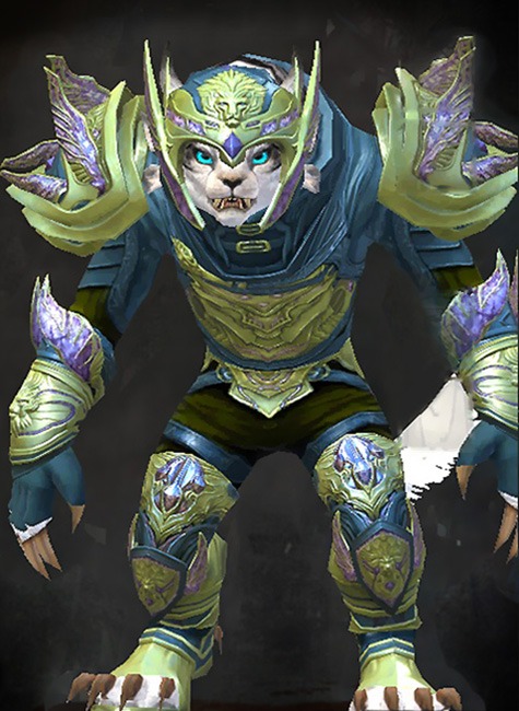 Female PvP - Ardent Glorious Guild Wars 2 Charr Medium Female PvP Armor Set - Dyed Green & Blue - Ardent Glorious