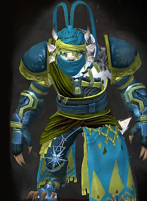 Female Path of Fire - Elonian Guild Wars 2 Charr Medium Female Path of Fire Armor Set - Dyed Green & Blue - Elonian