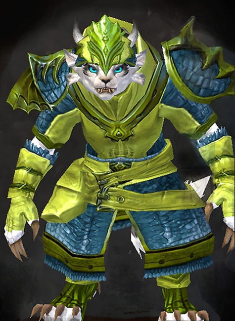 Female Crafted - Emblazoned Guild Wars 2 Charr Medium Female Crafted Armor Set - Dyed Green & Blue - Emblazoned