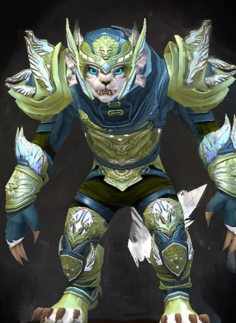 Female PvP - Glorious Hero's Guild Wars 2 Charr Medium Female PvP Armor Set - Dyed Green & Blue - Glorious Hero's