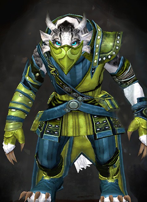 Female Hall of Monuments - Heritage Guild Wars 2 Charr Medium Female Hall of Monuments Armor Set - Dyed Green & Blue - Heritage