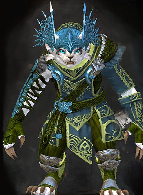 Female Crafted - Illustrious Guild Wars 2 Charr Medium Female Crafted Armor Set - Dyed Green & Blue - Illustrious