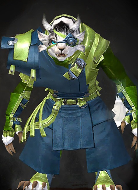 Female Crafted - Leather Guild Wars 2 Charr Medium Female Crafted Armor Set - Dyed Green & Blue - Leather