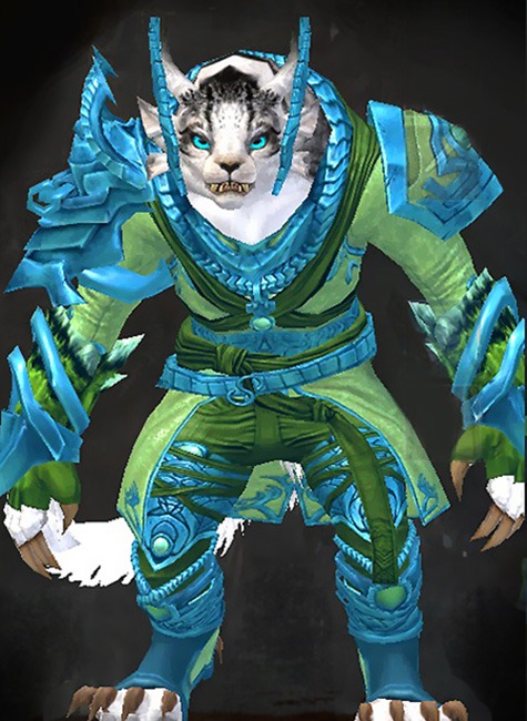 Female Living Story - Luminescent Guild Wars 2 Charr Medium Female Living Story Armor Set - Dyed Green & Blue - Luminescent