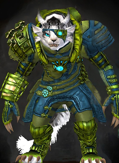 Female Gem Store - Magitech Guild Wars 2 Charr Medium Female Gem Armor Set - Dyed Green & Blue - Magitech