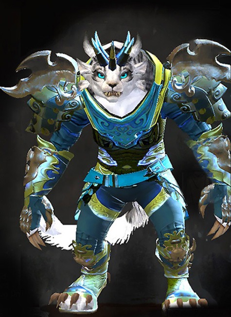 Female WvW - Mistforged Triumphant Hero's Guild Wars 2 Charr Medium Female WvW Armor Set - Dyed Green & Blue - Mistforged Triumphant Hero's