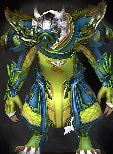 Female Crafted - Ornate Guild Guild Wars 2 Charr Medium Female Crafted Armor Set - Dyed Green & Blue - Ornate Guild