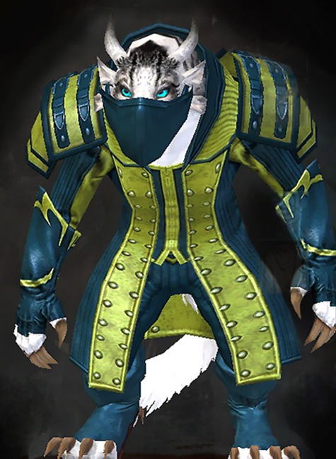 Female Crafted - Outlaw Guild Wars 2 Charr Medium Female Crafted Armor Set - Dyed Green & Blue - Outlaw