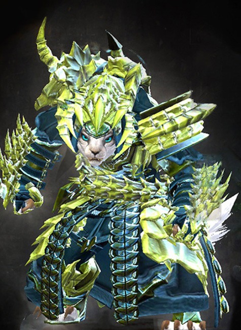 Female Crafted - Perfected Envoy - Wielded Guild Wars 2 Charr Medium Female Crafted Armor Set - Dyed Green & Blue - Perfected Envoy - Wielded