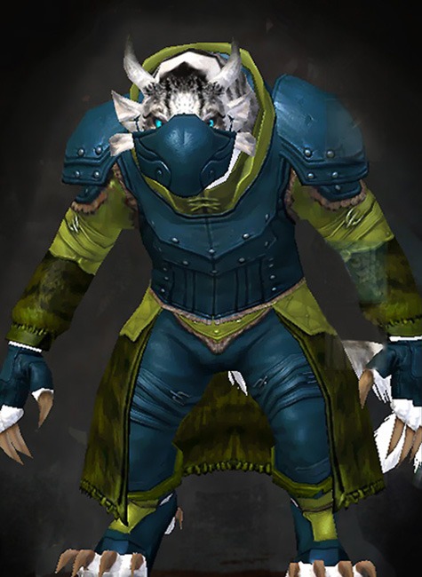 Female Crafted - Seeker Guild Wars 2 Charr Medium Female Crafted Armor Set - Dyed Green & Blue - Seeker