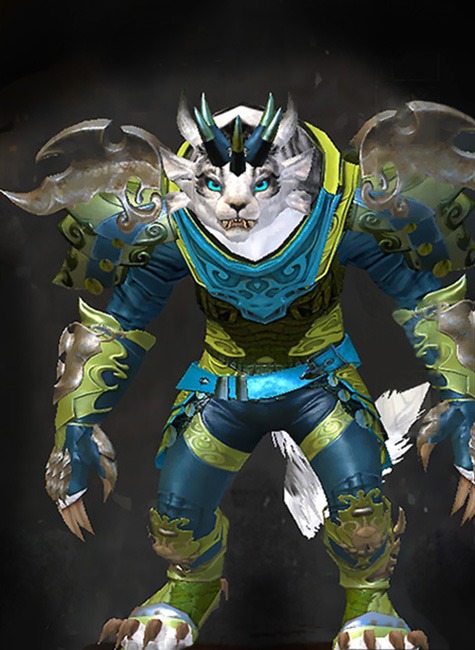 Female WvW - Triumphant Hero's Guild Wars 2 Charr Medium Female WvW Armor Set - Dyed Green & Blue - Triumphant Hero's