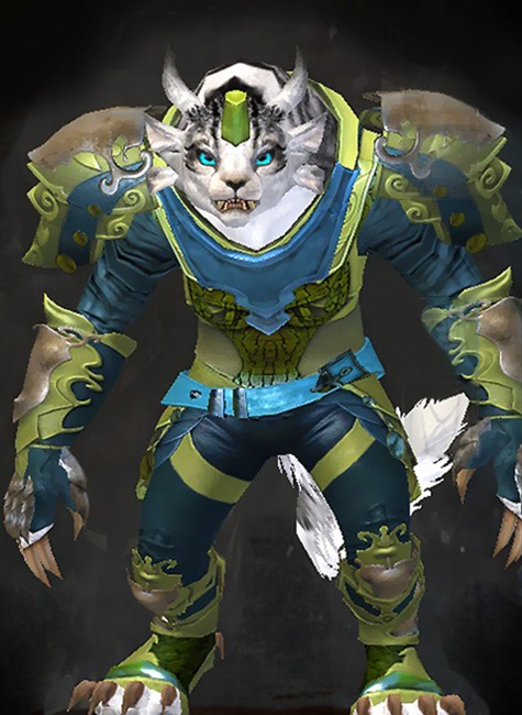 Female WvW - Triumphant Guild Wars 2 Charr Medium Female WvW Armor Set - Dyed Green & Blue - Triumphant