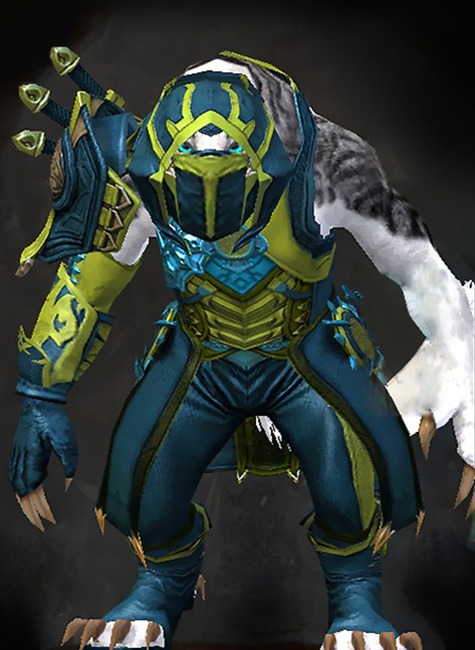 Female Order of Whispers - Whisper's Secret Guild Wars 2 Charr Medium Female Order Armor Set - Dyed Green & Blue - Whisper's Secret