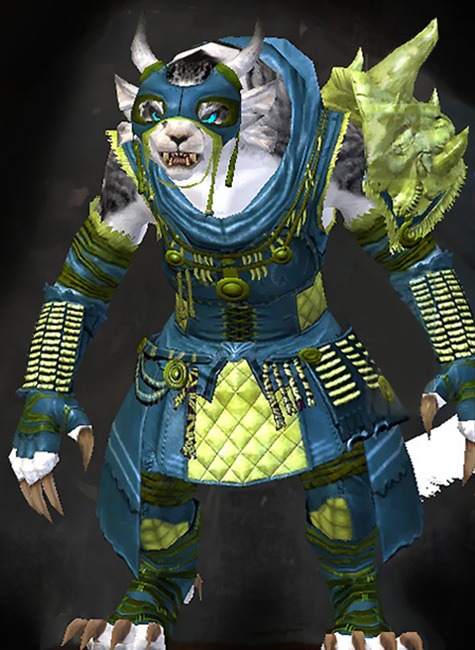 Female Cultural Tier 2 - Wrangler Guild Wars 2 Charr Medium Female Cultural Armor Set - Dyed Green & Blue - Wrangler