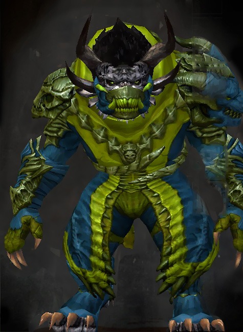 Male Dungeon The Ruined City of Arah - Armor of the Accursed Guild Wars 2 Charr Medium Male Dungeon Armor Set - Dyed Green & Blue - Armor of the Accursed