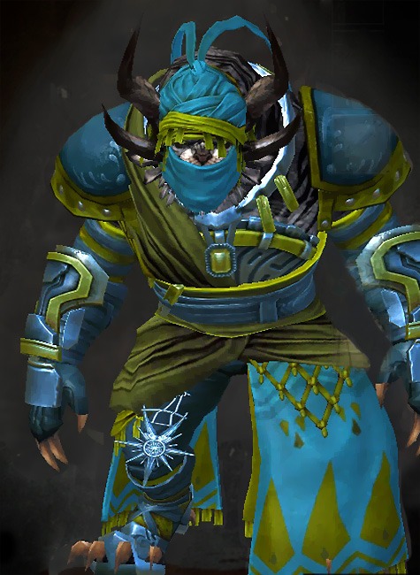 Male Path of Fire - Elonian Guild Wars 2 Charr Medium Male Path of Fire Armor Set - Dyed Green & Blue - Elonian