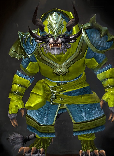 Male Crafted - Emblazoned Guild Wars 2 Charr Medium Male Crafted Armor Set - Dyed Green & Blue - Emblazoned
